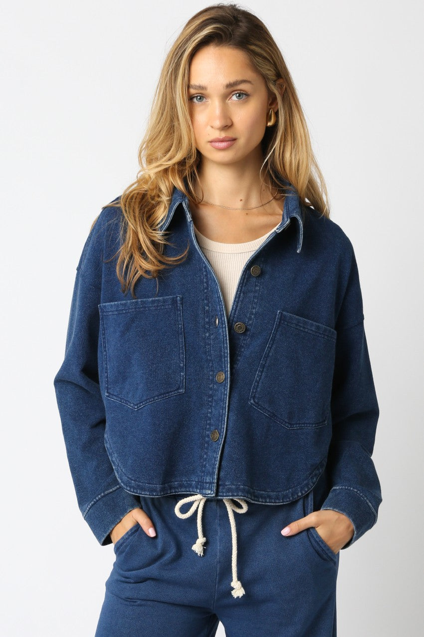 Olivaceous Denim Cropped Button Down Comfy Top