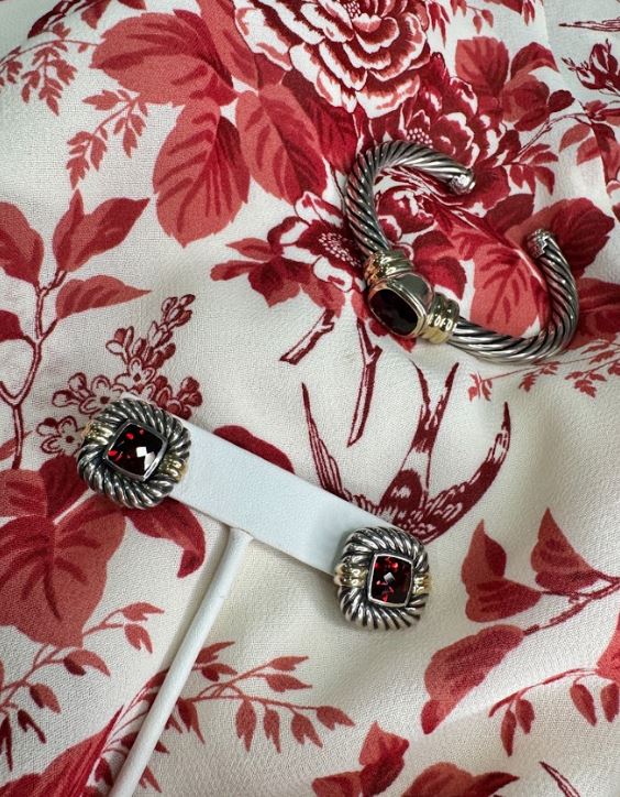Sterling Silver & 14k Gold Garnet Cable Earrings