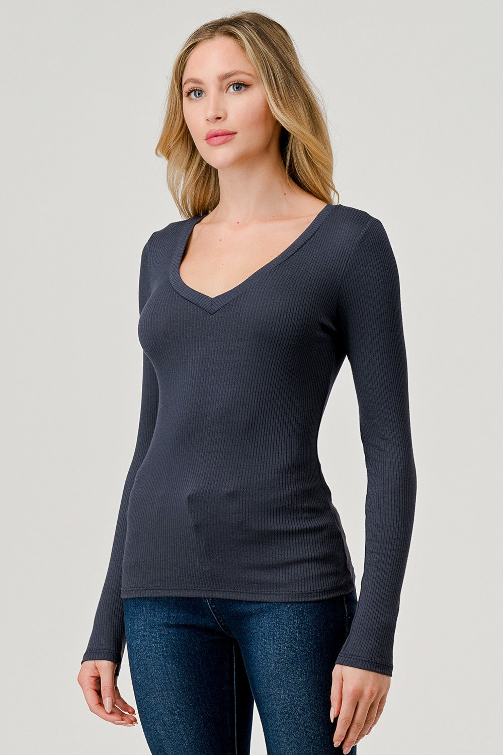 Hashttag V-Neck Ribbed Long Sleeve Knit - Navy